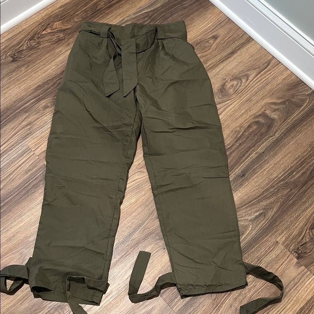 High-Rise Olive Paperbag Tie-Waist Pants